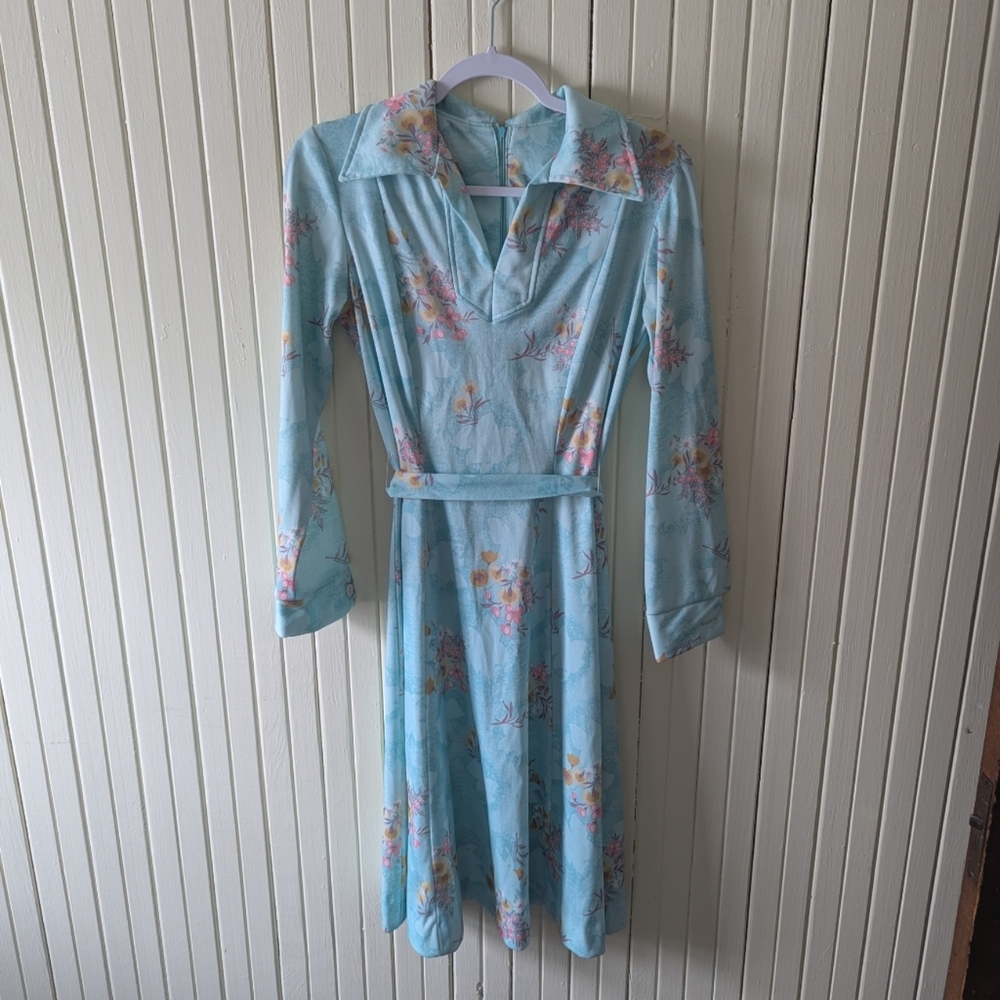 Vintage 60s 70s Collared Midi Dress Blue Floral Size 10
